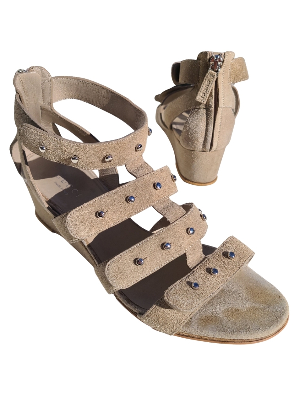 GUCCI Nude Suede Gladiator Silver Studded Zip Up Ankle Strappy Sandal 6